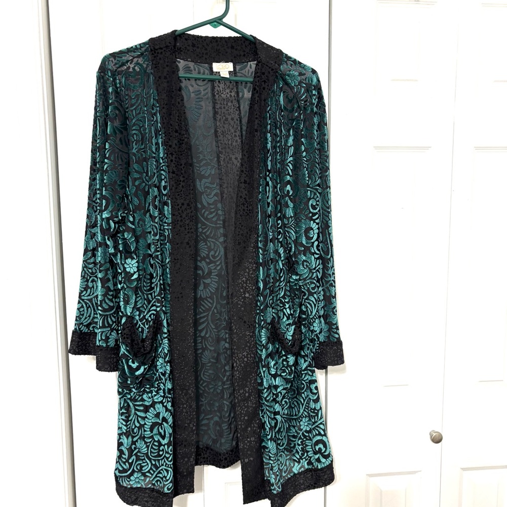Logo Lavish Women’s XL Bohemian Teal and Black Kimono Cardigan